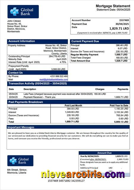 Liberia Global Bank Liberia mortgage statement Word and PDF template